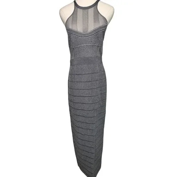 Herve Leger Textured Sheer Bustier Halter Gown Bandage Dress Silver Gray size L - Picture 5 of 15